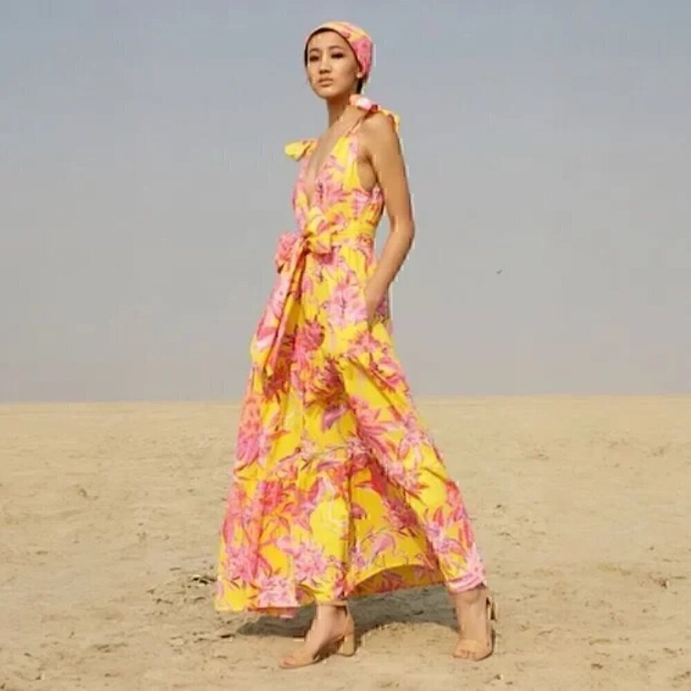 Banjanan Carnation Flamingo Maxi Dress Pink Yellow Cotton XS